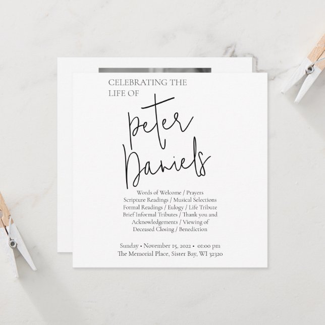 Modern Black & White Script Photo Funeral Card (Front/Back In Situ)