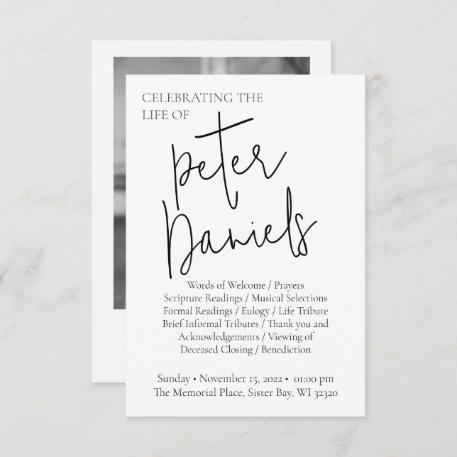 Modern Black & White Script Photo Funeral Program (Front/Back)