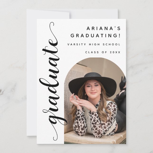Modern Black White Script Photo Graduation Announcement (Front)