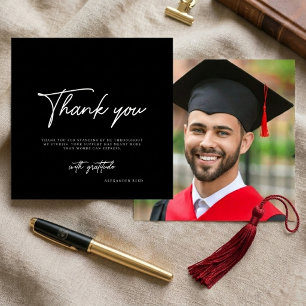 Modern Black White Script Photo Graduation  Thank You Card