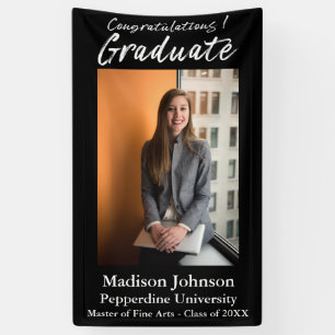 Modern Black White Script Vertical Photo Graduate  Banner