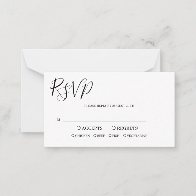 Modern Black White Script Wedding Reply Note Card (Front)