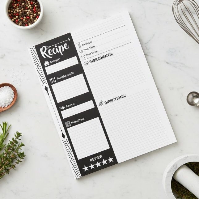  Modern Black & White Sheets | Blank Recipe Pages Notepad (Blank Cooking Paper for DIY Cookbook & Personalized Meal Organizer | 40 sheets | Family Owned Brand)