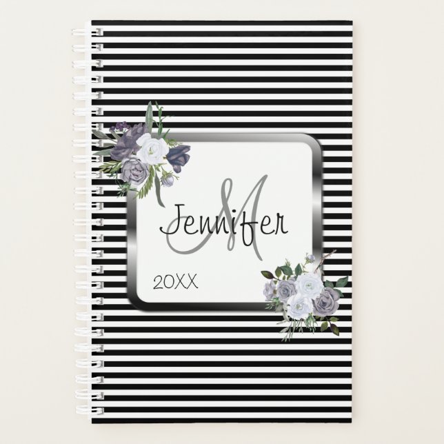 Modern Black White Silver  Monogram Personalize Planner (Front)