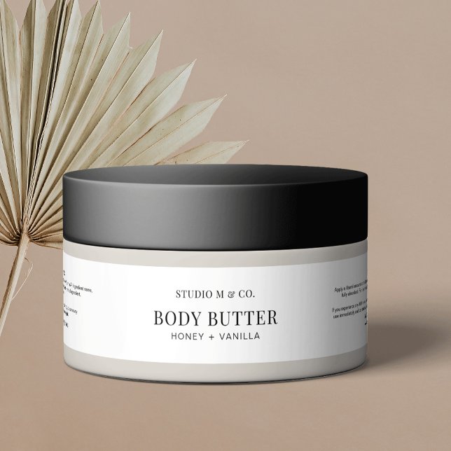 Modern Black & White Simple Body Butter 4OZ Jar Wrap Around Label (Simple, yet elegant, cosmetic container packaging label with space for ingredients & your brand info)