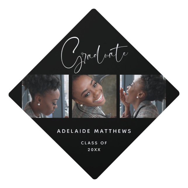 Modern Black White Simple Elegant Photo Collage Graduation Cap Topper (Front)