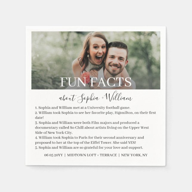 Modern Black White Simple Photo Fun Facts Wedding  Napkin (Front)