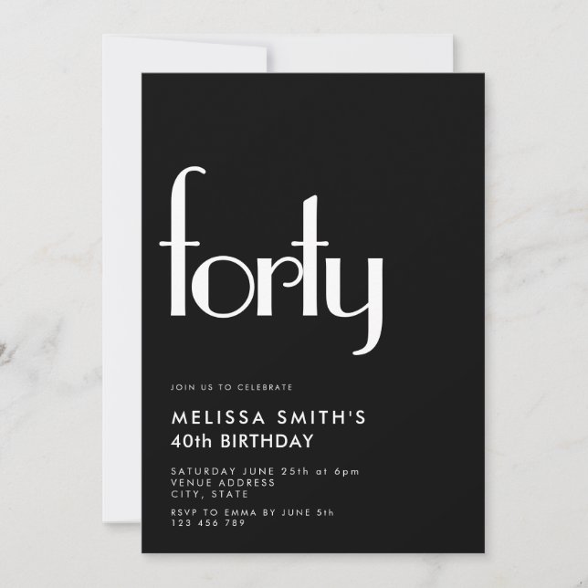 Modern Black White Simple Stylish 40th Birthday Invitation (Front)