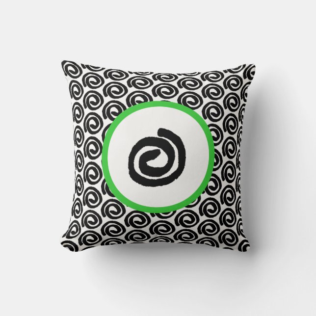 Modern Black White Spiral Lime Green Throw Pillow (Front)