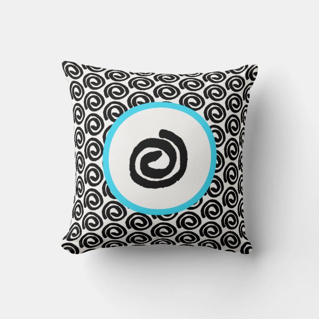 Modern Black White Spiral Turquoise Throw Pillow (Front)