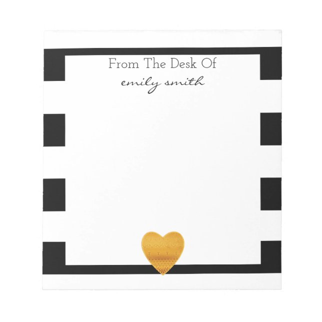 Modern Black & White Stripe Gold Foil Heart Notepad (Front)