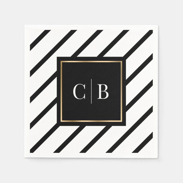 Modern Black White Stripe Gold Monogram Wedding Napkin (Front)