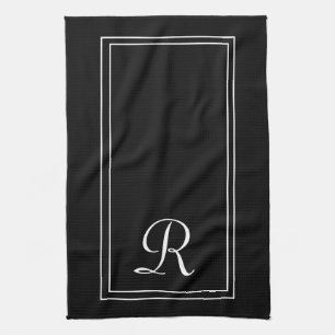 Modern Black & White Stripe Monogram Personalised  Kitchen Towel