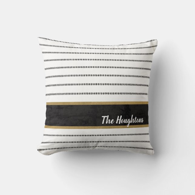 Modern Black White Stripe Monogram Throw Pillow (Front)