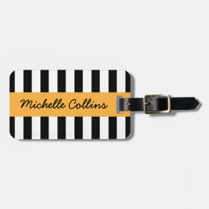 Modern black white stripe orange personalized name luggage tag