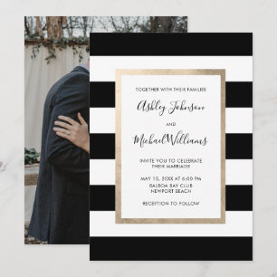 Modern Black White Stripe Script Rose Gold Photo Invitation