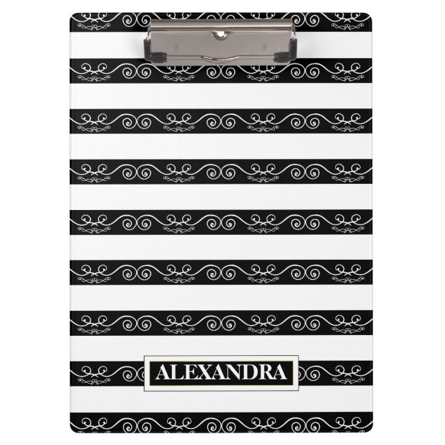 Modern Black White striped Clipboard (Front)