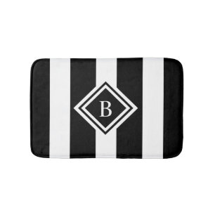 Modern Black White Striped Monogram Memory Foam Bath Mat