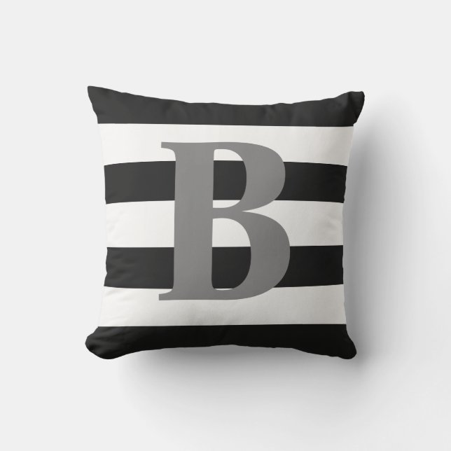 Modern Black White Striped Pattern Grey Monogram Outdoor Pillow (Front)
