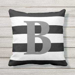 Modern Black White Striped Pattern Grey Monogram Outdoor Pillow