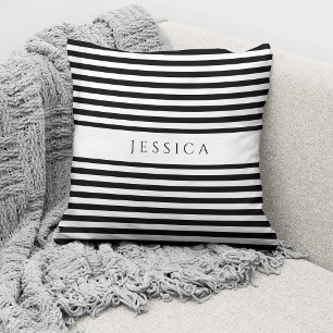 Modern Black & White Striped Pattern Name Throw Pillow