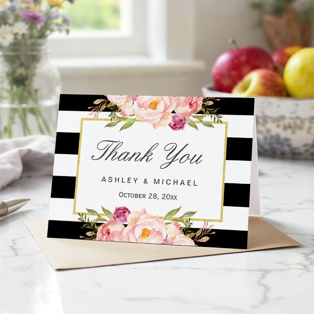 Modern Black White Stripes Classy Floral Thank You Card (Creator Uploaded)