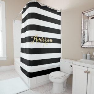 Modern Black White Stripes Gold Family Name Bath