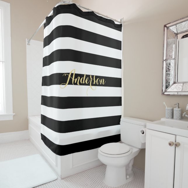 Modern Black White Stripes Gold Family Name Bath (In Situ)