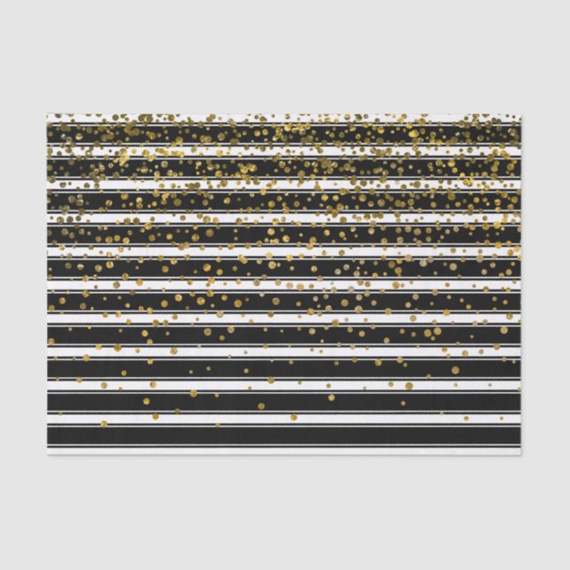 Modern Black White Stripes Gold Foil Confetti Dots Tissue Paper (Front)