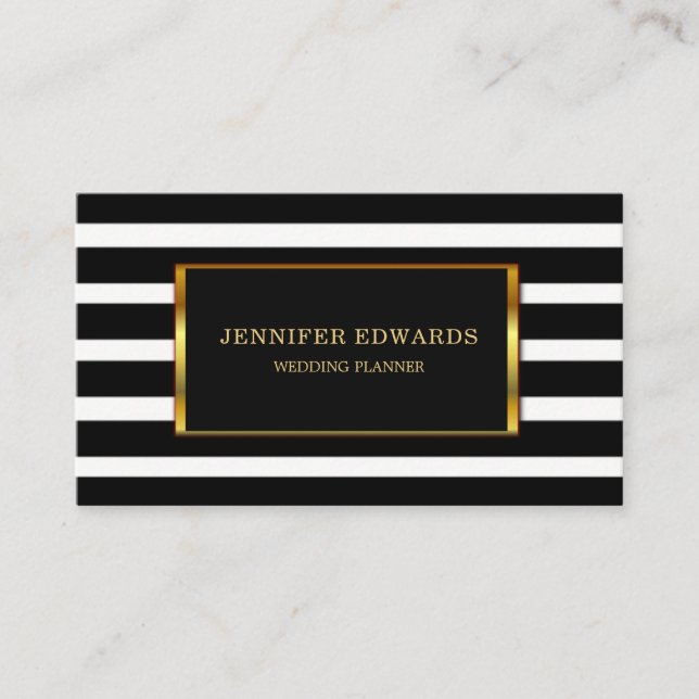 Modern black white stripes gold frame professional business card (Front)