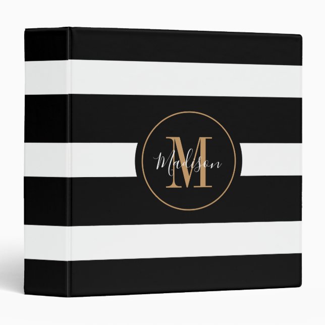 Modern Black White Stripes Gold Monogrammed  Binder (Front/Spine)