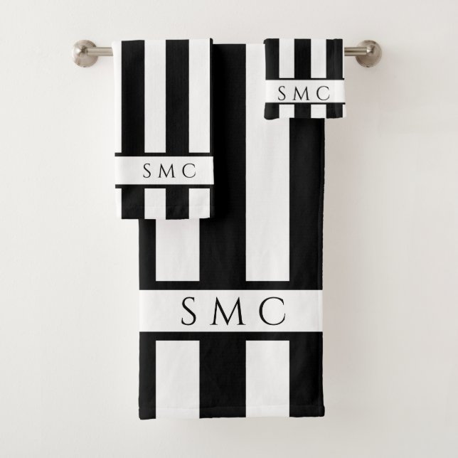 Modern Black White stripes Monogram bathroom Bath Towel Set (Insitu)