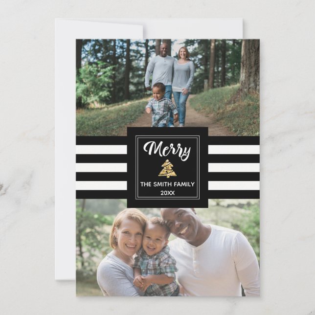 Modern Black & White Stripes Photo Christmas Card (Front)