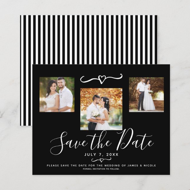 Modern Black & White Stripes Photo Save the Date (Front/Back)