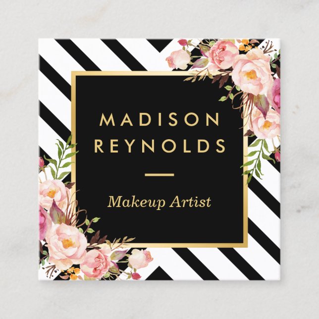Modern Black White Stripes Pink Floral Gold Frame Square Business Card (Front)