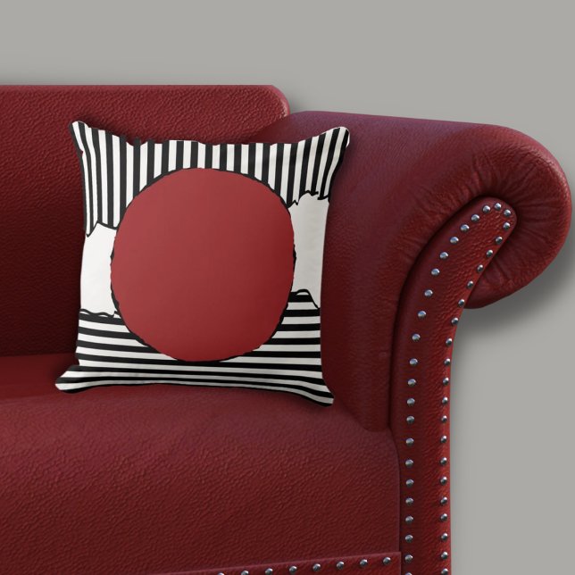Modern Black & White Stripes Red Dot Throw Pillow (Modern Black & White Centered Red Circle Throw Pillow on Red Sofa)