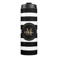 Modern Black White Stripes Script Monogram Name