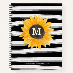 Modern Black White Stripes Sunflower Monogram Notebook