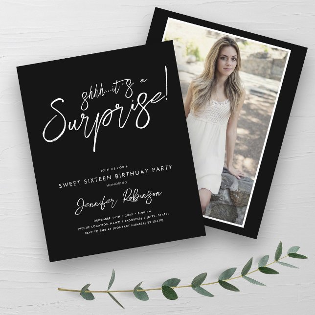 Modern Black White Surprise Sweet 16 Invites  (Modern Black White Surprise Sweet 16 Invites )