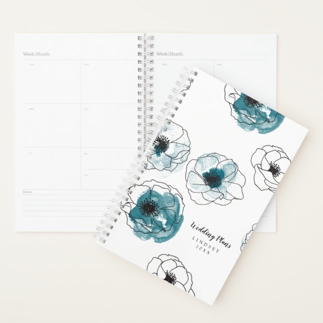 Modern Black White Teal Anemone Flower Pattern Planner (Display)