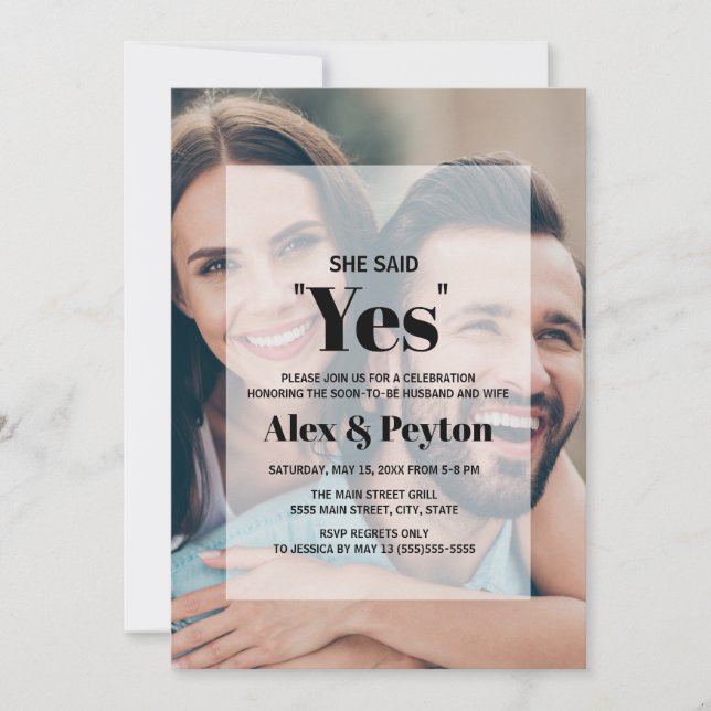 Modern Black White Text Photo Engagement Party Invitation (Front)