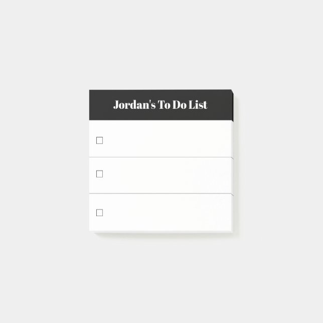 Modern Black White To Do List with Custom Name Post-it Notes (Front)