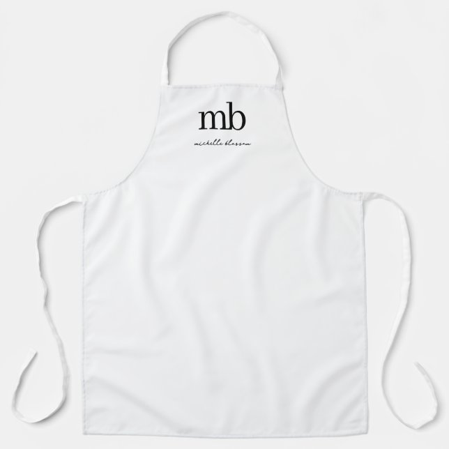 Modern Black White Trendy Script Initial Monogram Apron (Front)