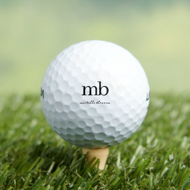Modern Black White Trendy Script Initial Monogram Golf Balls (Insitu Tee)