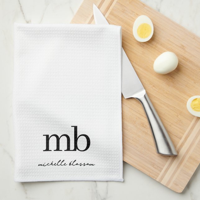 Modern Black White Trendy Script Initial Monogram Kitchen Towel (Quarter Fold)
