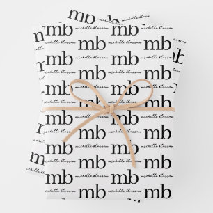 Modern Black White Trendy Script Initial Monogram Wrapping Paper Sheet