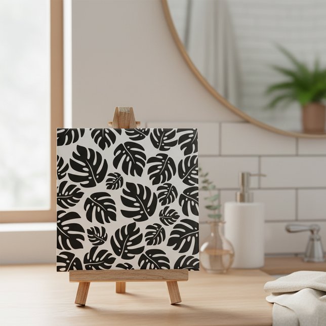 Modern Black White Tropical Monstera Leaf Pattern Tile (Creator Uploaded)
