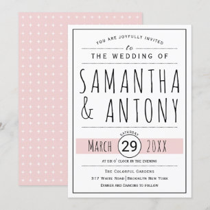 Modern black, white typography blush pink wedding invitation