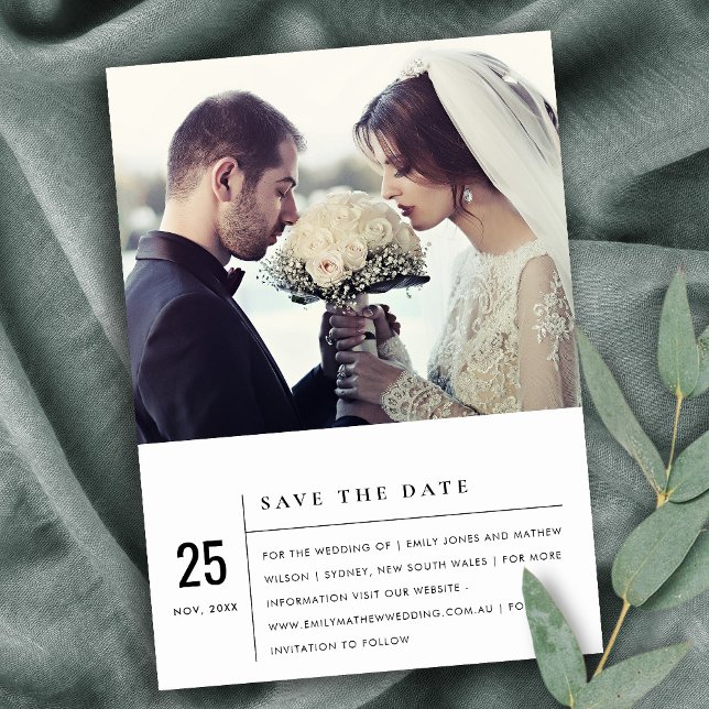 MODERN BLACK WHITE TYPOGRAPHY PHOTO SAVE THE DATE ANNOUNCEMENT POSTCARD (Creator Uploaded)