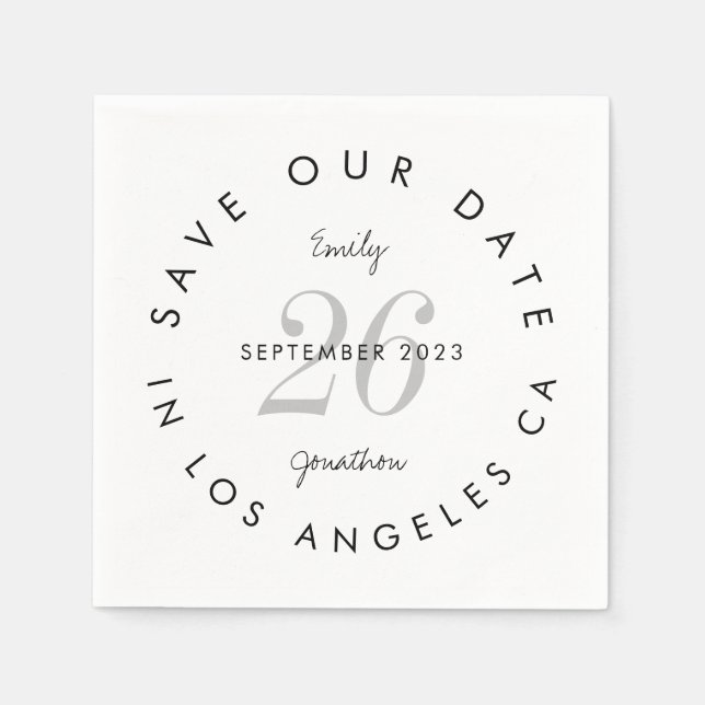 Modern Black White Typography Save The Date Napkin (Front)